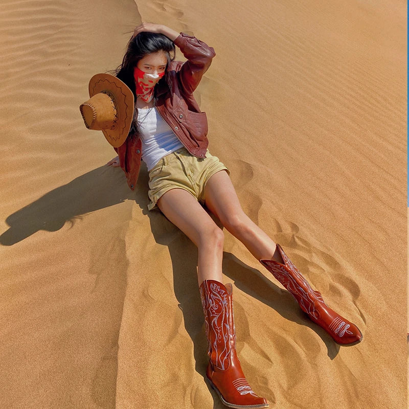 Women's boots genuine leather embroidery knee-length western cowboy boots high heels retro all-match knight fashion boots