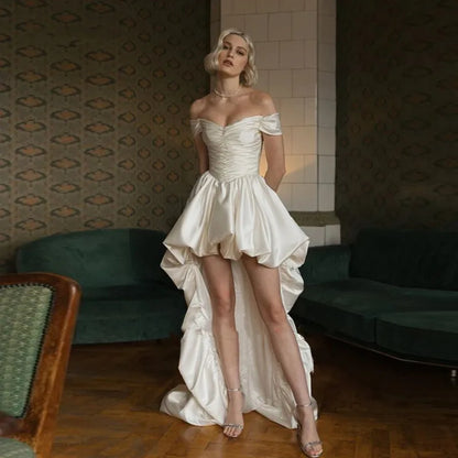 Vintage High/Low Satin Wedding Dresses Simple Off the Shoulder Sleeveless Beach Strapless Bridal Gown Sexy Backless Customized