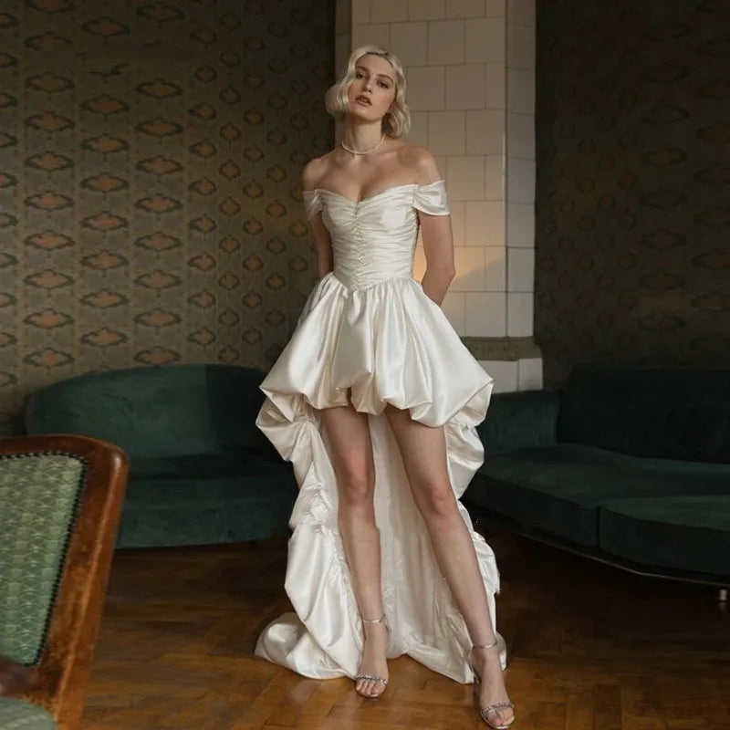 Vintage High/Low Satin Wedding Dresses Simple Off the Shoulder Sleeveless Beach Strapless Bridal Gown Sexy Backless Customized