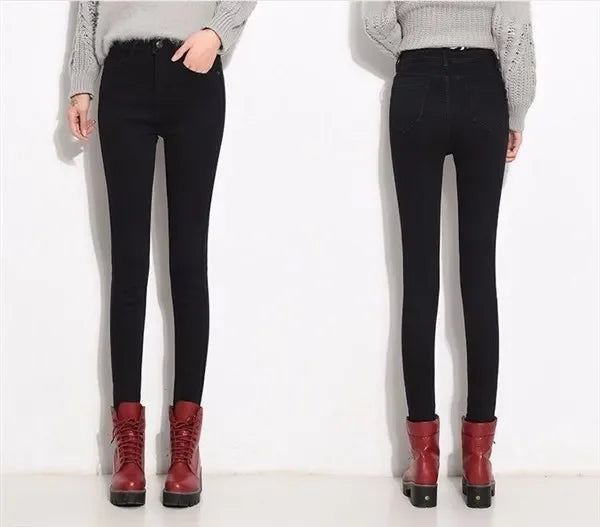 WinterFleece-Lined Thickened High-Waisted Jeans Women's Korean Style Black Slimming Trousers Student Elastic Long Pants