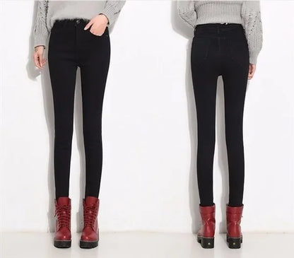 WinterFleece-Lined Thickened High-Waisted Jeans Women's Korean Style Black Slimming Trousers Student Elastic Long Pants
