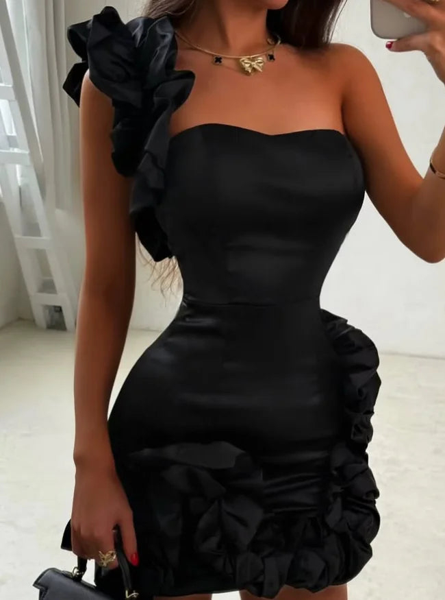 Customized High Quality Sleeveless One Shoulder Sweetheart Above Knee Black Wrinkle Zipper Robe De Soiree Cocktail Dresses فستان