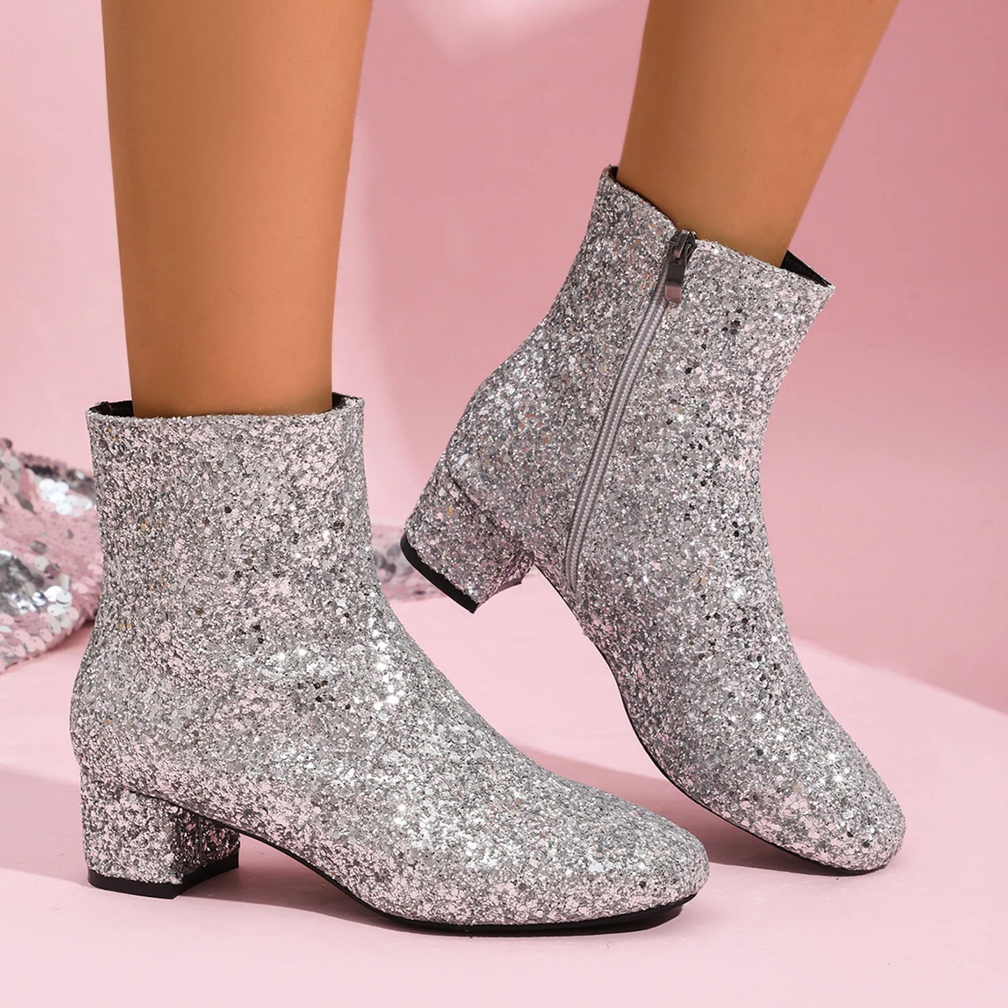 Luxury Sequined Women Ankle Boots Solid Color Chunky Block Heels Short Boot Side Zipper Autumn Winter Party Shoes Large Size