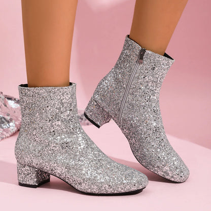 Luxury Sequined Women Ankle Boots Solid Color Chunky Block Heels Short Boot Side Zipper Autumn Winter Party Shoes Large Size