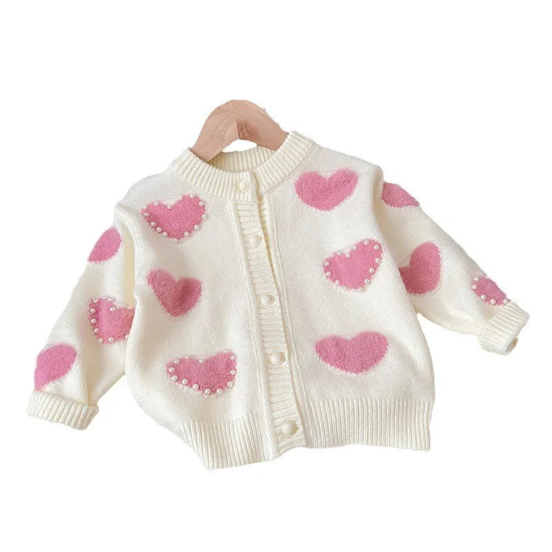 Children's Pink Heart Pearl Color Matching Knitted Cute Casual Sweater Cardigan Girl Spring and Autumn Jacket