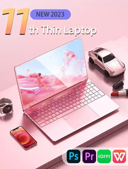 Ordinateur portable Celeron N5095 de 11e génération - Win 10/11, 16 Go 32 Go de RAM, SSD de 128 Go à 2 To. Wi-Fi 2,4 G/5,0 G et Bluetooth, clavier rose élégant.