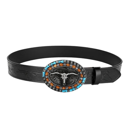 Western cowboy girl belt - Men's and women's turquoise embossed belt with long horn cow buckle suitable for 25-39