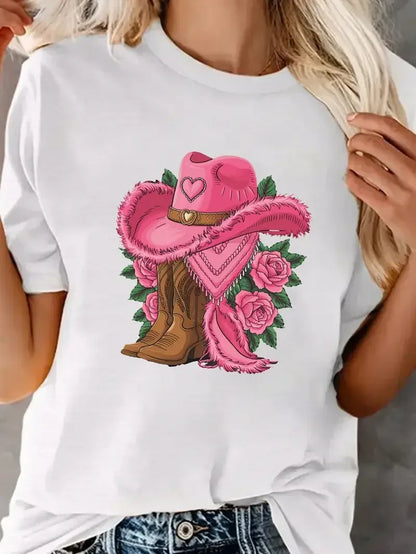 Western Cowboy Hat and Boot Pattern Women's T-shirt Fashionable Casual Short Sleeved Daily Street Round Neck Oversized Women Top
