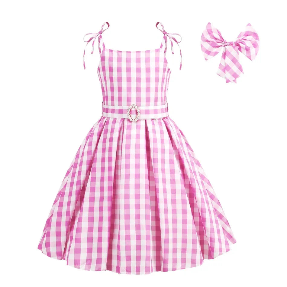 Costume de Cowgirl Robe de Fille Princesse Cosplay Costume Rose à Carreaux Tenue de Plage Anniversaire Halloween Fête Robe pour Enfants