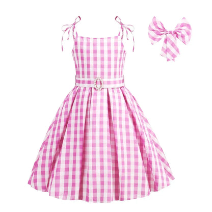 Costume de Cowgirl Robe de Fille Princesse Cosplay Costume Rose à Carreaux Tenue de Plage Anniversaire Halloween Fête Robe pour Enfants