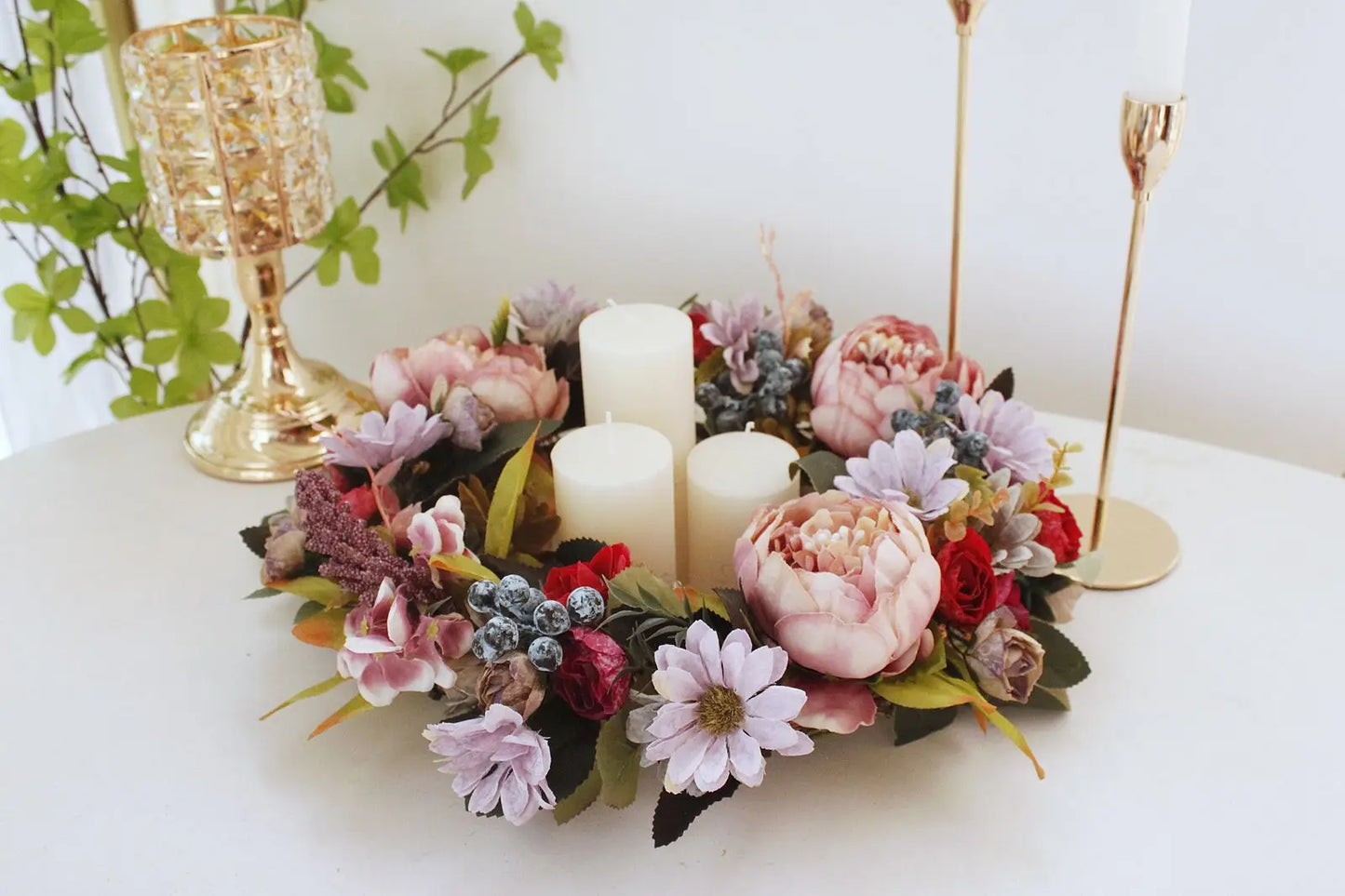 Artificial Retro Peony Flower Wreath 35CM Candlestick Wreath Christmas Halloween Decorative Flower Wedding Home Decor