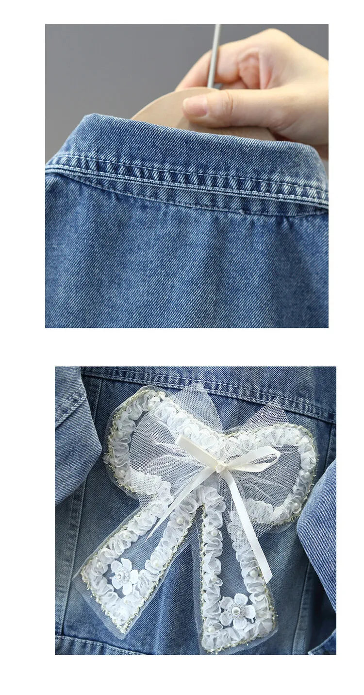 Manteau en jean pour adolescentes Printemps Automne Orné de perles Nœud papillon Veste à la mode pour enfants de 3 4 5 6 8 10 12 ans Vêtement d'extérieur décontracté