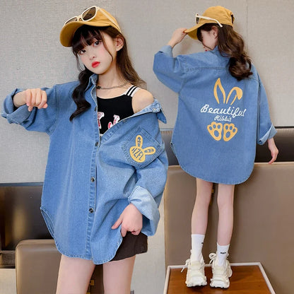 Chemisiers en Denim de Cowgirl de haute couture avec imprimé de lapin pour adolescente, chemise en Denim ample et décontractée à manches longues pour enfants