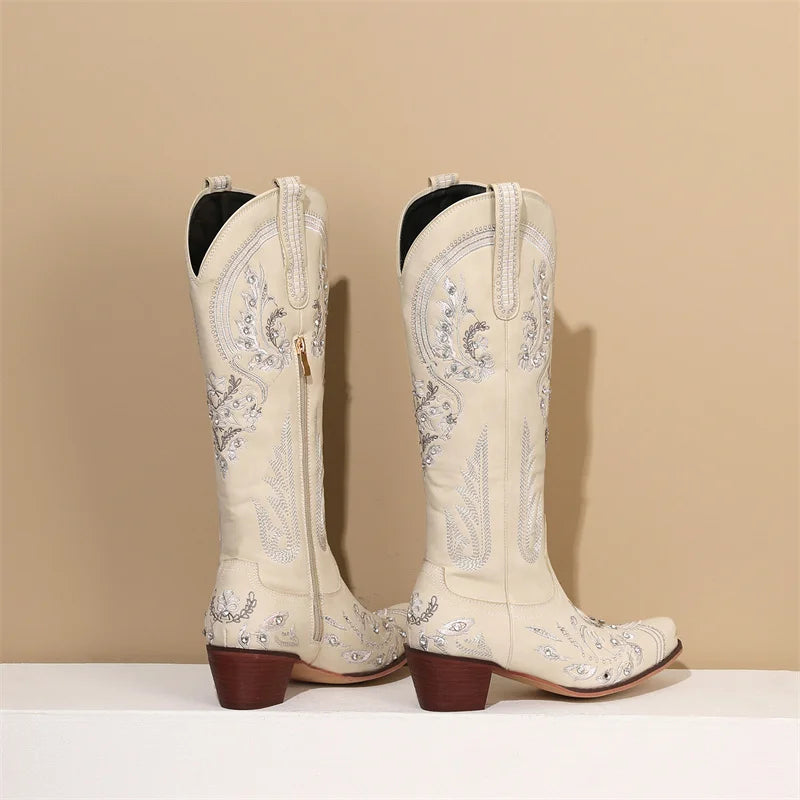 Bottes de cowboy occidentales au genou pour femmes, broderie de fleurs, biscuits, blanc, marron, rond, Parker, talons hauts, rétro, bottes longues de cowgirl