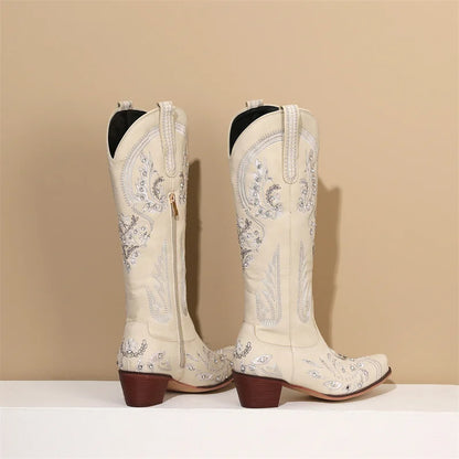 Bottes de cowboy occidentales au genou pour femmes, broderie de fleurs, biscuits, blanc, marron, rond, Parker, talons hauts, rétro, bottes longues de cowgirl