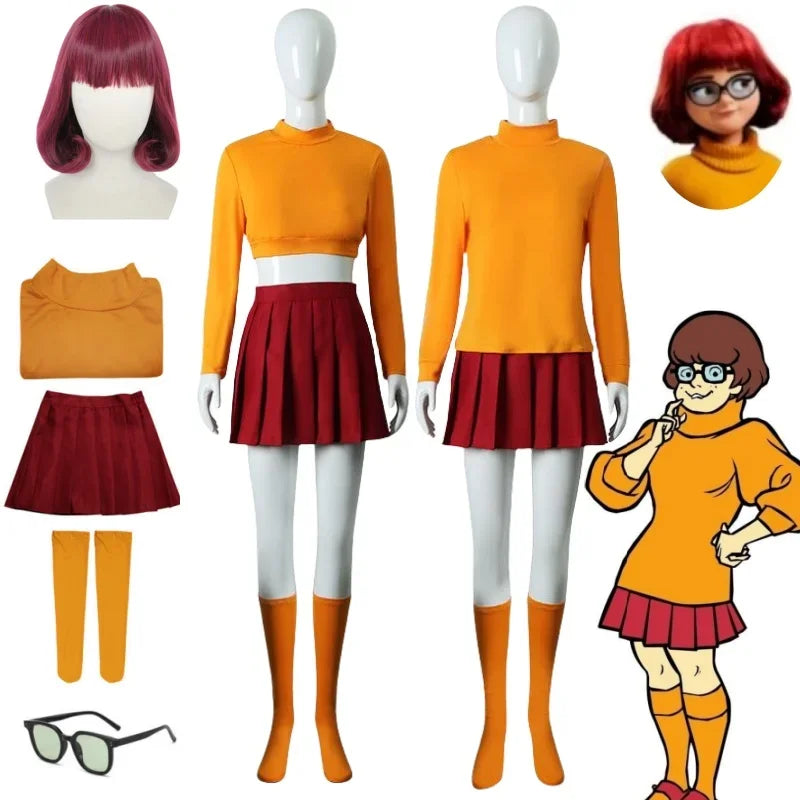 Halloween Velma Cosplay Costume Orange Short Skirt Uniform Women Orange Socks Top Skirt Halloween Party Carnival Set