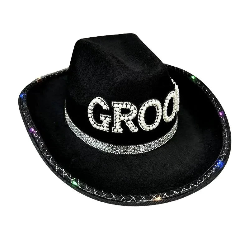 Bride White Cowboy Veil Hat Pearl Rhinestone Wedding Cowgirl Hat Bach Bachelorette Hen Party Bridal Shower Decoration Gift