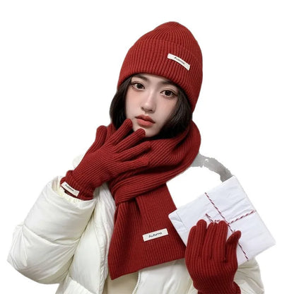 Ensemble chapeau, écharpe et gants en laine tricotée de couleur unie-ensemble de noël chaud du nouvel an rouge en faux cachemire automne/hiver