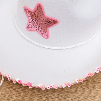 White Cowgirl Hats Pink Star Cow Girl Hat with Sequin Trim Fringe Adjustable Neck Draw String Adult Cowboy Hat for Costume Party