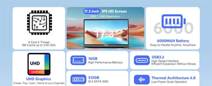 Ordinateur portable ACEMAGIC 17,3 pouces avec processeur hautes performances Quad Core-12e génération Alder Lake N97, stockage spacieux 16 Go de RAM 512 Go de ROM