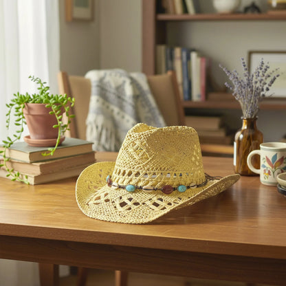 Chapeaux de cow-girl pour femmes et hommes, chapeau occidental d'été en plein air, chapeau de paille à large bord avec bande perlée