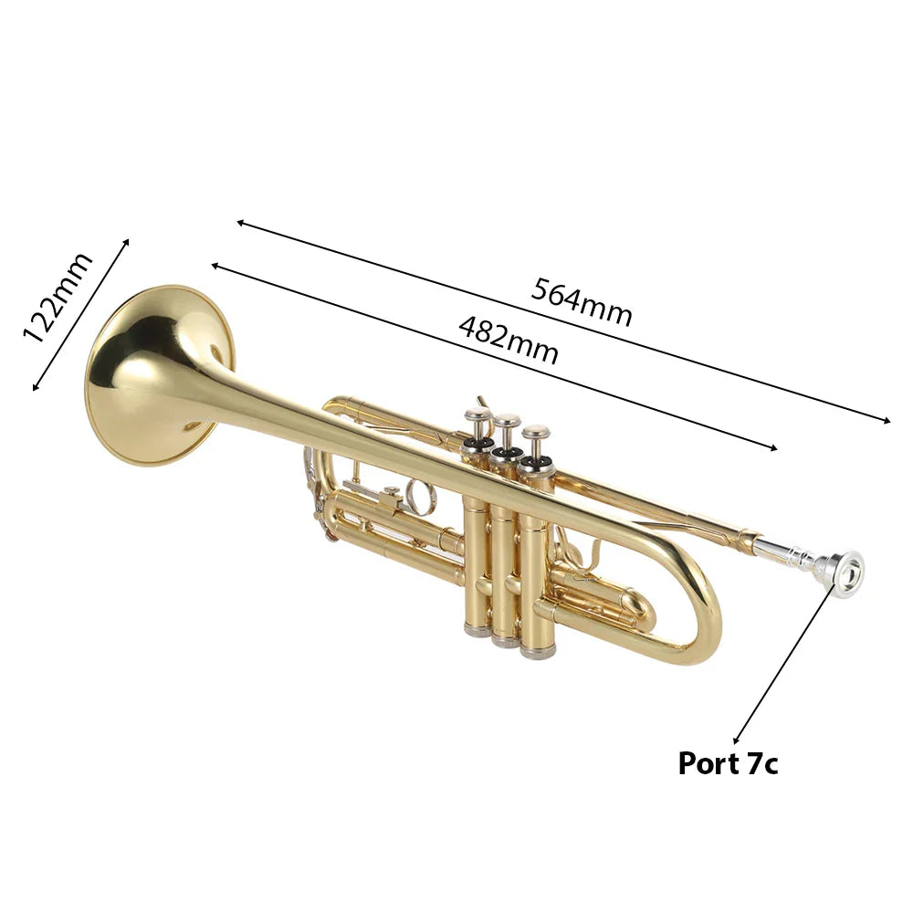 Trompette Bb B plat en laiton peint en or, Instrument de musique exquis et Durable avec Valve d'embout, gants à huile, étui à sangle, trompette Bb