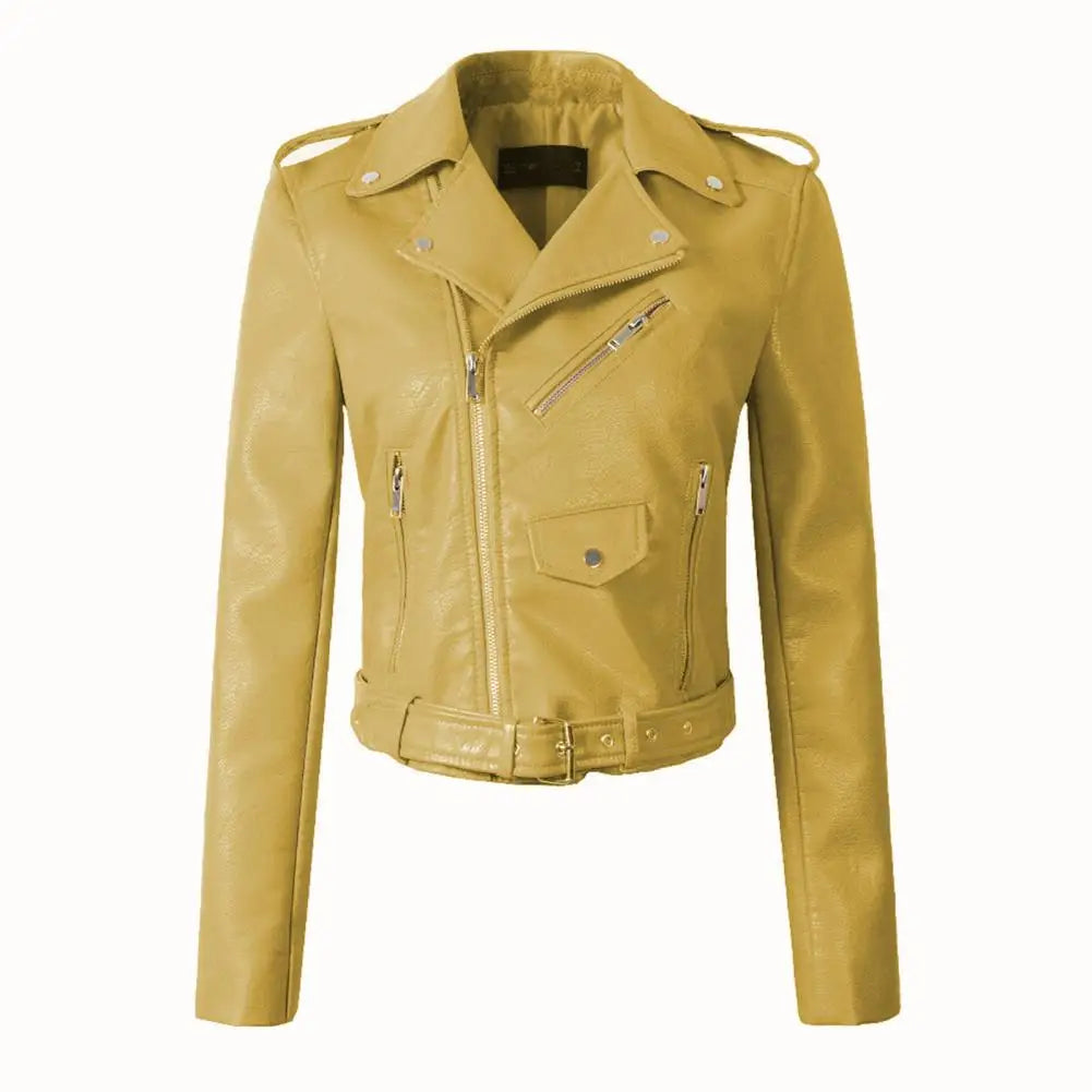 Women Faux Leather Jacket Turn-down Collar Zip-up Zipper Rivet Decor Motorcycle Coat Long Sleeves Female Outerwear Lady Clothing
