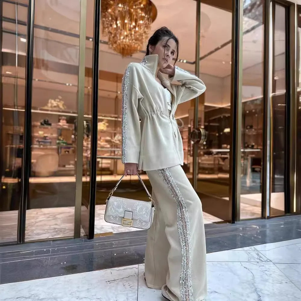 Two Piece Set Women Autumn Winter Fashion Patchwork Sequins Contrasting Long Sleeves Zipper Coat Casual Wide Leg Pants Outfi