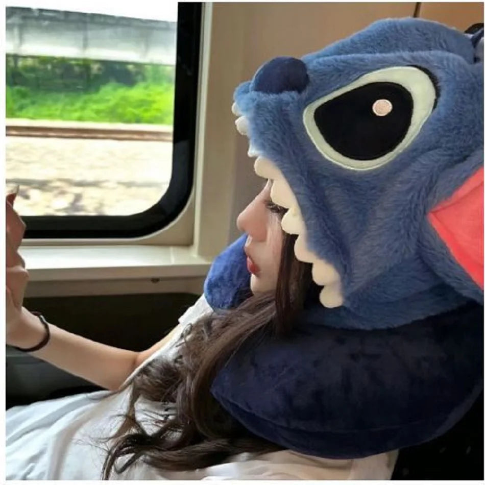 Cute Stitch Cartoon U-shaped Pillow Hooded Pillow for Napping and Neck Protection Pillow Travel Plane Hat Napping