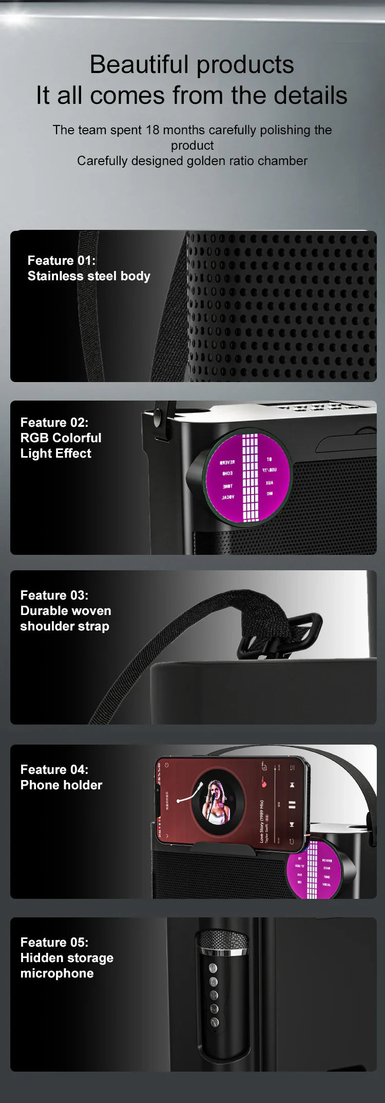 #LED Powerful Wireless Portable Dual Microphones Bluetooth 5.3 Speaker Hifi Stereo Family Party Karaoke Subwoofer Boombox gifts