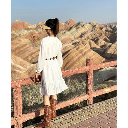 Women's boots genuine leather embroidery knee-length western cowboy boots high heels retro all-match knight fashion boots