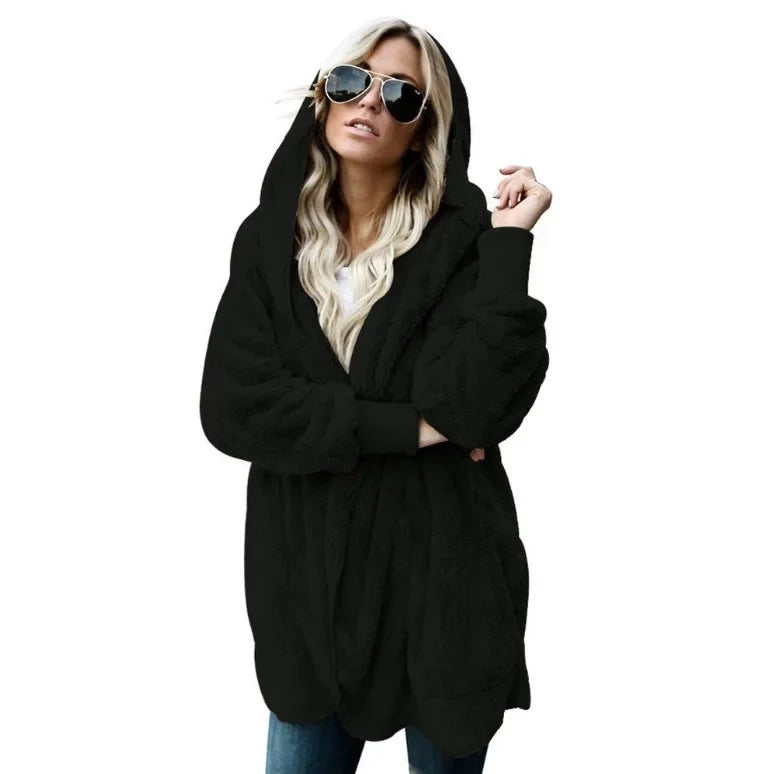 Winter Double Fleece Cardigan Jacket Autumn Women Solid Color Long Sleeve Plush Warm Hooded Lady Jacket Oversized Outerwear Coat