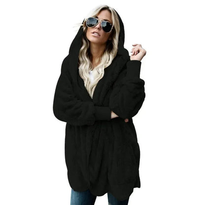 Winter Double Fleece Cardigan Jacket Autumn Women Solid Color Long Sleeve Plush Warm Hooded Lady Jacket Oversized Outerwear Coat