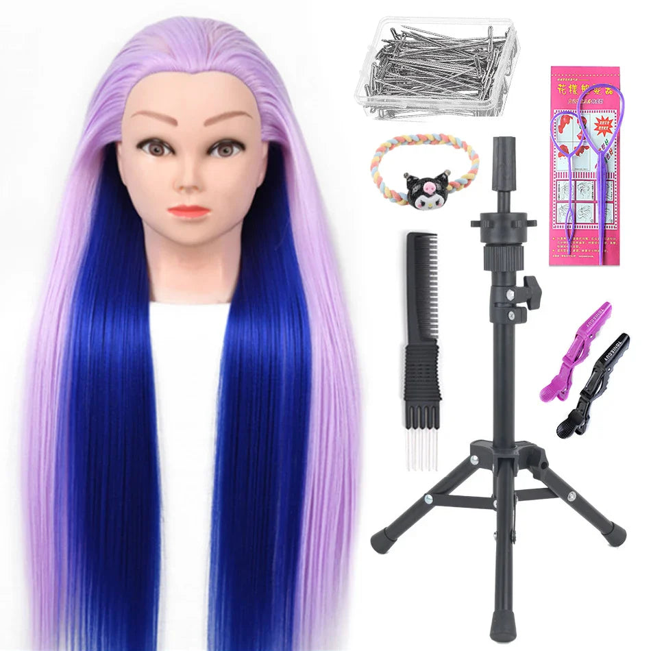 Tête de mannequin à cheveux longs synthétiques avec support de trépied de perruque réglable Modèle avec tête de mannequin Formation de coiffeur coiffant