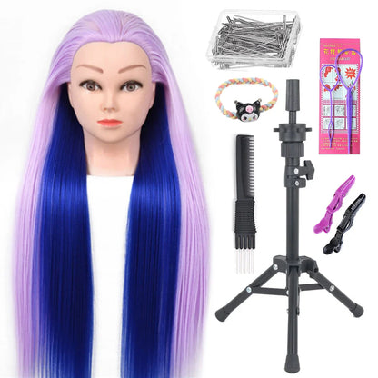Tête de mannequin à cheveux longs synthétiques avec support de trépied de perruque réglable Modèle avec tête de mannequin Formation de coiffeur coiffant