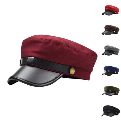 PU Leather Unisex Cycling Caps, Women Men Autumn Sailor Hat Black, Travel Student Hat, Flat Top Captain Hat