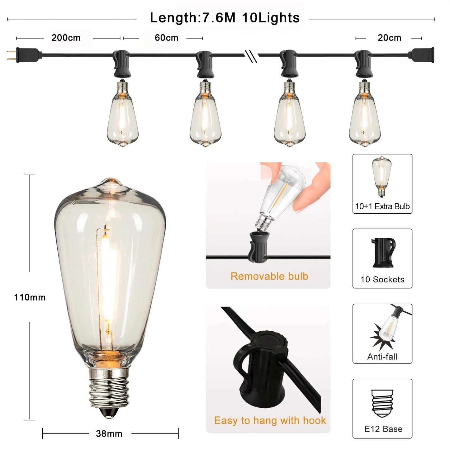 Guirlande lumineuse d'extérieur ST38, connectable, incassable, étanche, ampoule LED en plastique, variable, décoration de jardin, Patio, lumière féerique