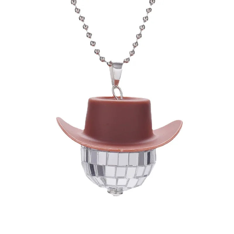 1Pcs Pink Cowgirl Cowboy Hat Disco Ball Neckalace 80s Silver Mirror Balls Pendant for Wedding Birthday Party Favors Decoration