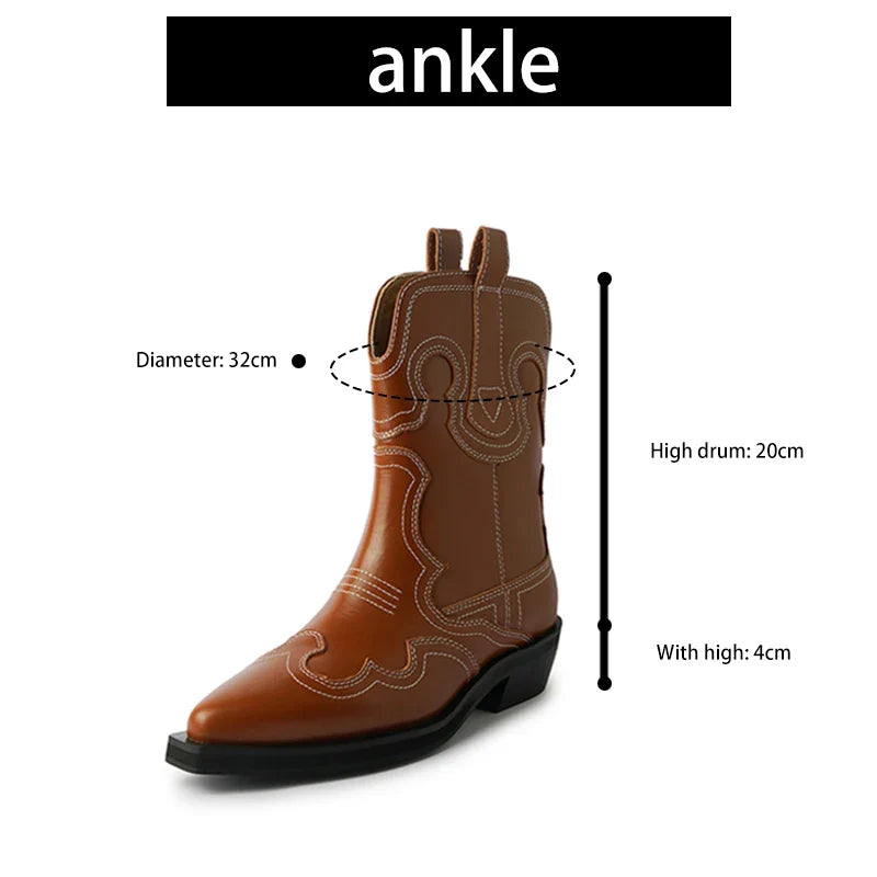 Bottes de cowboy Western Ods pour femmes en cuir véritable brodé, bout pointu, mi-mollet, style rétro, décontractées, de haute qualité