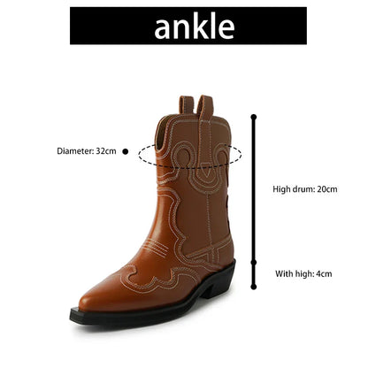 Ods Cowboy Western Boots For Women Real Leather Embroidered Pointed Toe Mid-calf Western Boot Retro Fashion Casual High Quality