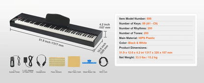 VEVOR Piano numérique, 88 touches entièrement pondérées, ensemble piano à clavier électrique portable avec double clavier, haut-parleurs, pédale de sustain, casque, Bluetooth USB MIDI, pour débutants