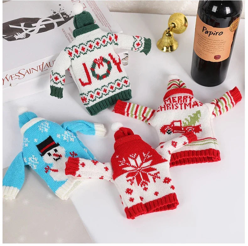 Ensemble de bouteilles de vin de noël tricotées créatives, couvre-bouteille de vin, manches, bonhomme de neige du père noël, nouvel an, décor de Table à dîner