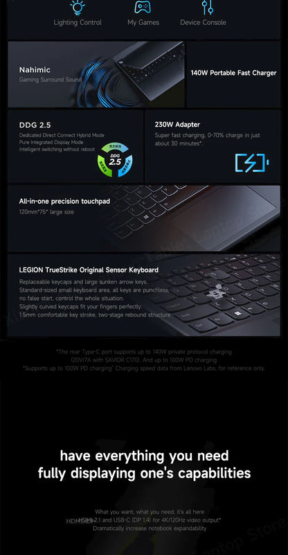 Ordinateur portable de jeu Lenovo Legion Y7000 15,6" 144Hz Intel Core i7-13650HX 24/32 Go de RAM DDR5 512 Go/1 To/2 To SSD RTX4060