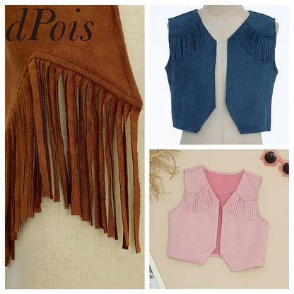 Costume de Cowgirl occidental en daim pour enfants, gilet à franges avec pompons, vêtements de danse, jeu de rôle de fête, gilets de Cowboy