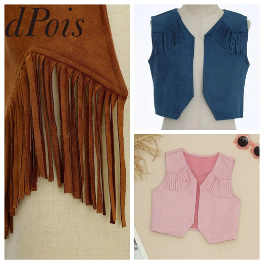 Costume de Cowgirl occidental en daim pour enfants, gilet à franges avec pompons, vêtements de danse, jeu de rôle de fête, gilets de Cowboy