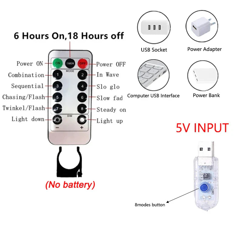 USB Curtain String Lights 8 Lighting Modes LED Light for Outdoor Garden Wedding Christmas New Year Home Decoration