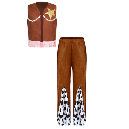 Déguisement de cow-boy/cow-girl western d'Halloween pour filles, gilet à franges étoiles et pantalon évasé imprimé vache, tenues de carnaval
