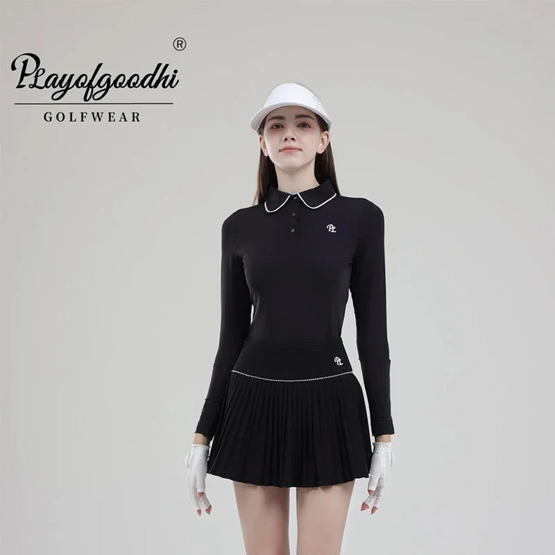 Vêtements de golf pour femme - T-shirt de golf à manches longues pour femme - Hauts de golf à col polo - Jupe plissée taille haute - Jupe-short de golf avec short intérieur