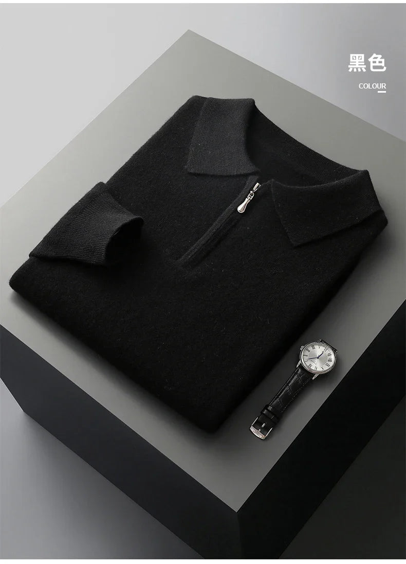 Autumn and Winter New Cashmere Sweater Men's 100% Merino Wool Pullover Casual Loose POLO Knitted Bottom Shirt Jacket Shirt