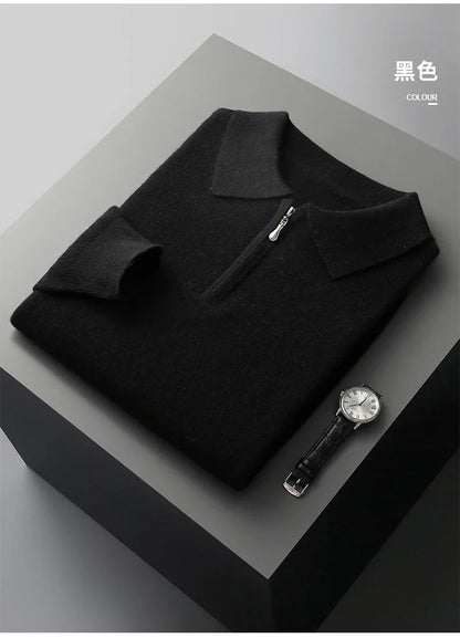 Autumn and Winter New Cashmere Sweater Men's 100% Merino Wool Pullover Casual Loose POLO Knitted Bottom Shirt Jacket Shirt